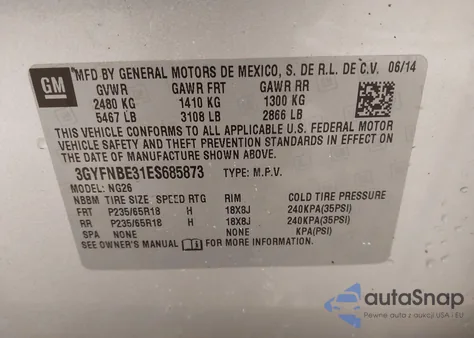 2014 Cadillac Srx Luxury Collection z USA, uszkodzony, nr VIN 3GYFNBE31ES685873